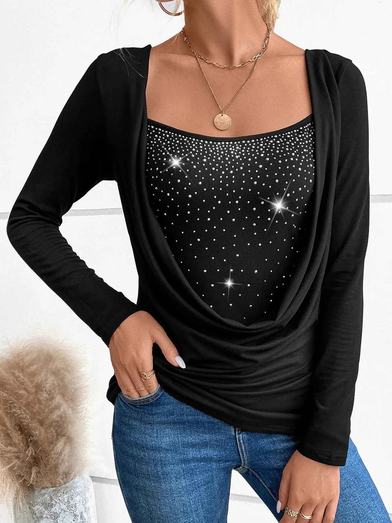 Rhinestone Ruched Long Sleeve T-Shirt fc36f5fe4d2b4981be2bd5c33aa06b86-Max-Origin