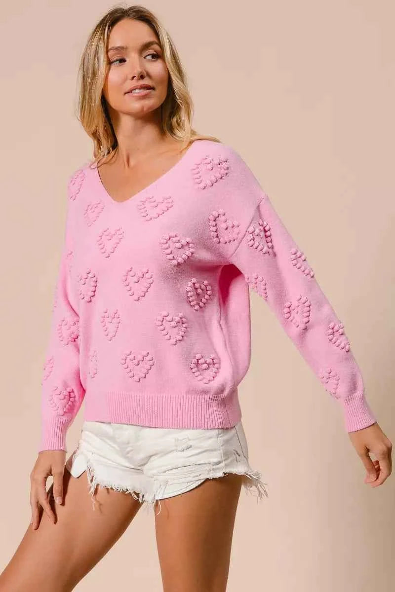 BiBi Valentines Heart Pompom V Neck Knit Top fc5782a9c7064f6683eea9f2fcccc33c-Max-Origin