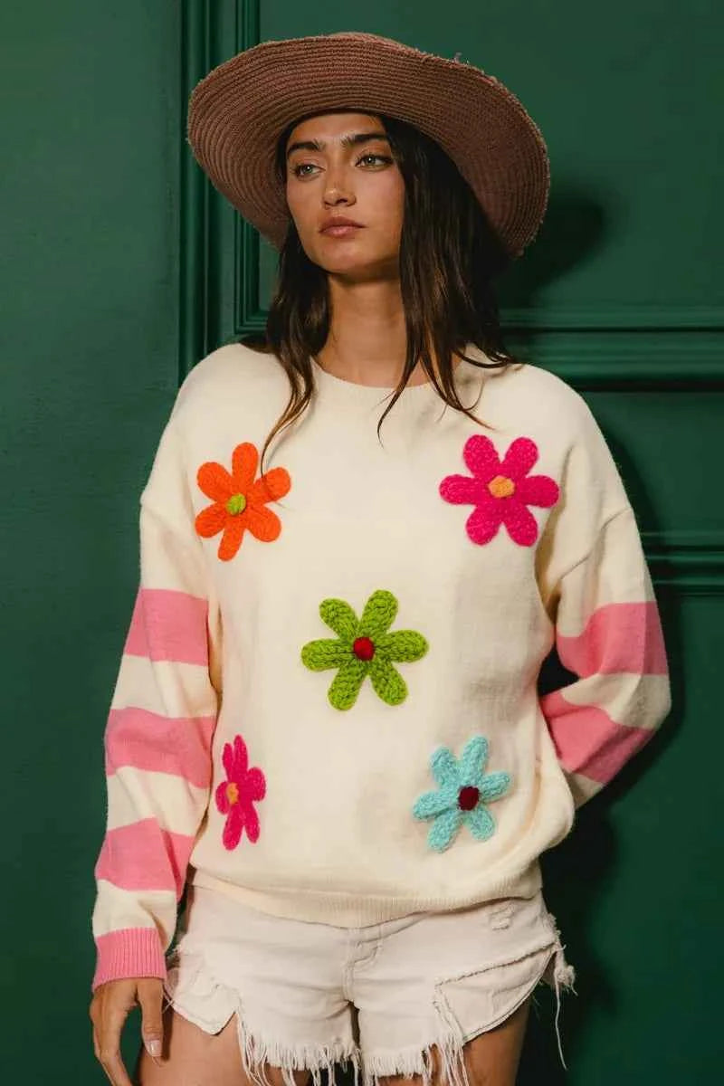BiBi Colorful Floral Patched Sweater with Striped Sleeve fc5f33c937cc42b9a3b771ce19a1b2d2-Max-Origin