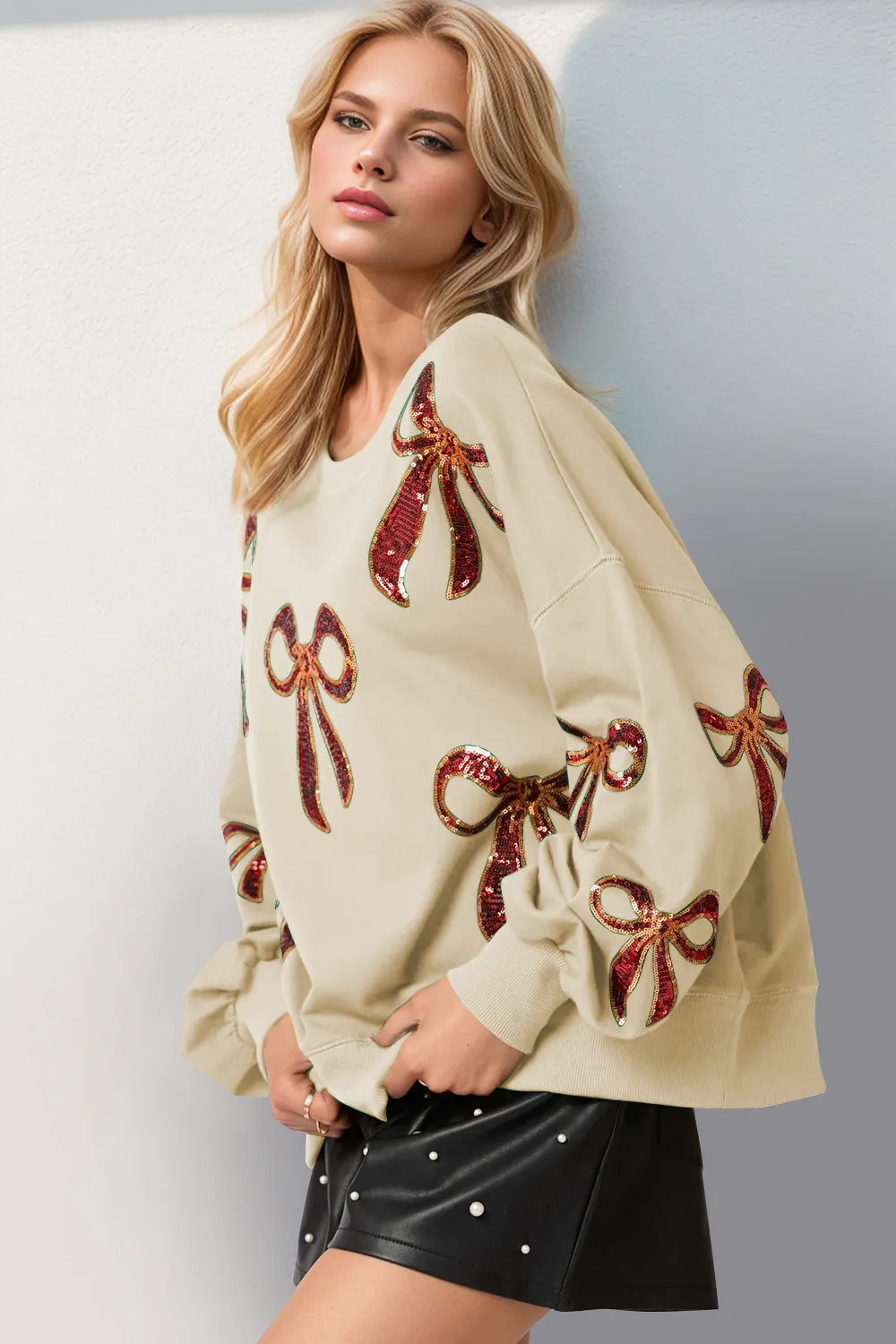 Double Take Christmas Bow Sequin Round Neck Dropped Shoulder Sweatshirt fc756986-88d9-4e9f-ace0-a6ef11fbfca0-Max