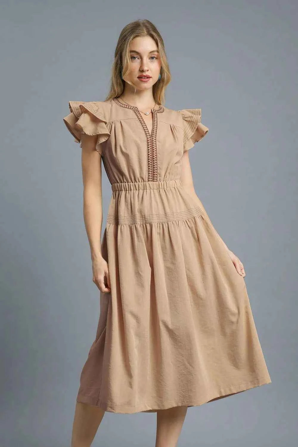 Umgee Ruffled Cap Sleeve Midi Dress with Contrast Trim Detail Tan fc7c9d17-f1f8-427f-b655-421adb915595-Max-Origin