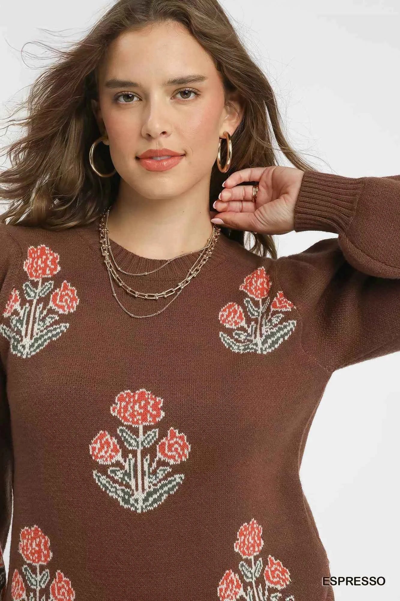 Umgee Floral Knit Sweater with Puff Sleeves fc90dc8f-8d01-4091-a57a-4c6bbe11f147-Max-Origin