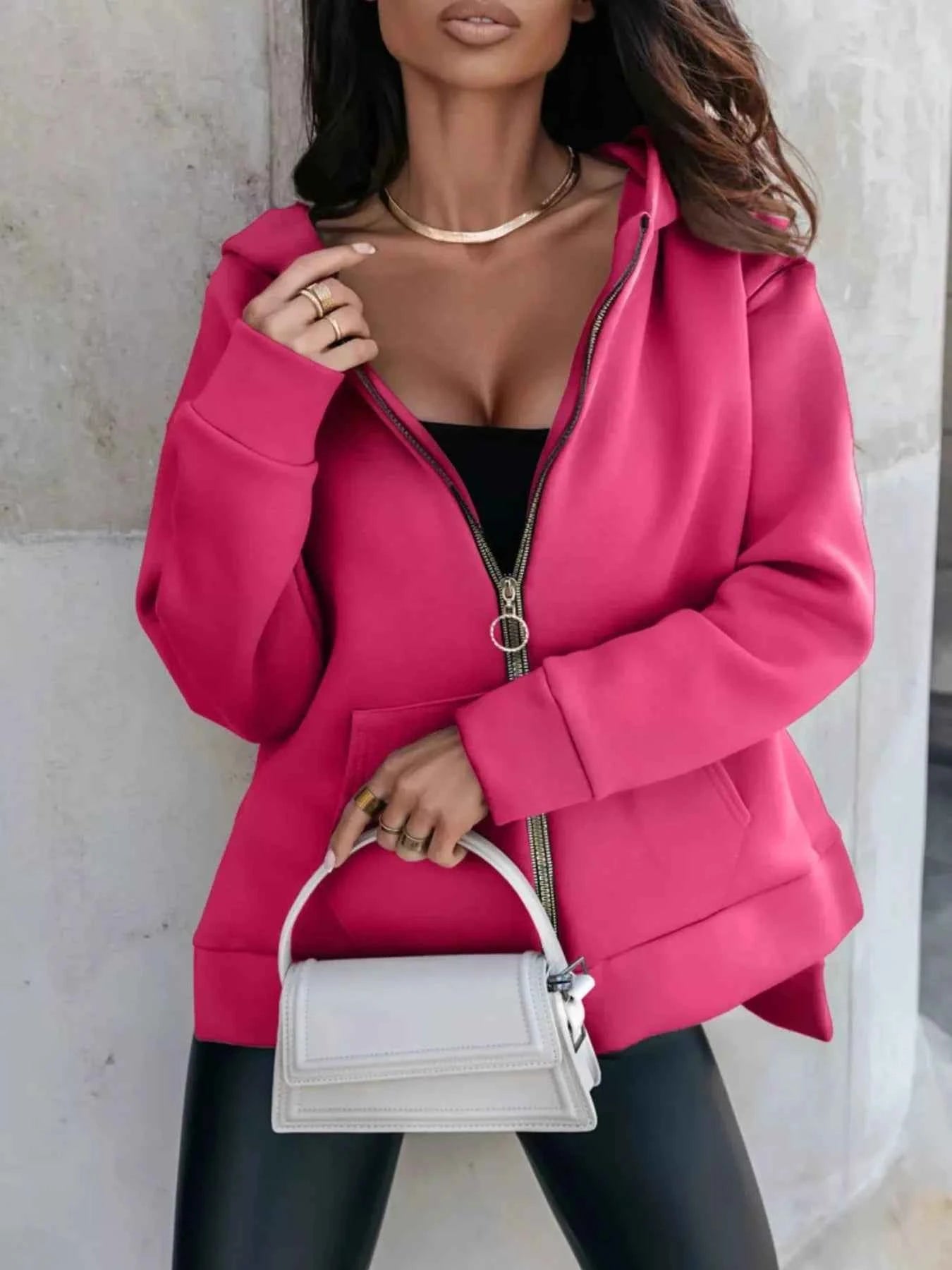 Side Slit Zip Up Hoodie Hot Pink fc945409b6ce41c996ad5aed0545547f-Max-Origin