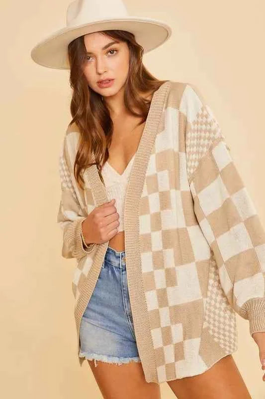 Annie Wear Checkered Open Front Drop Shoulder Cardigan fcb5d8cc-ed34-4d12-be55-a4e0644b195e-Max