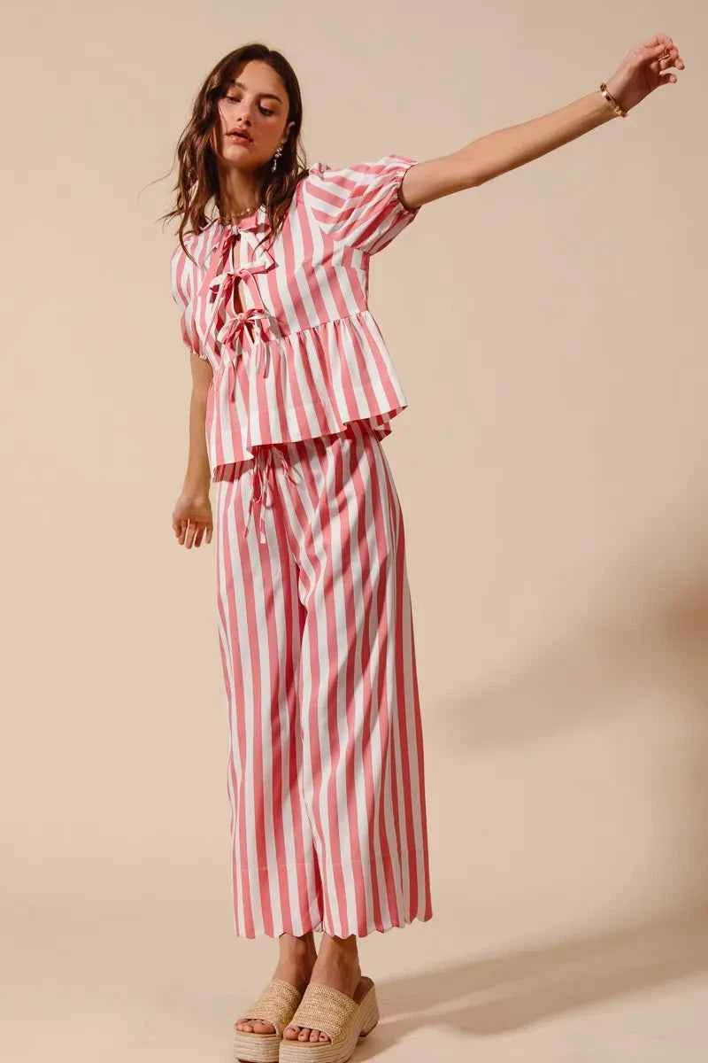 SO ME Front Tie Stripe Top With Puff Sleeves and Wide Leg Pants Set fcc432736807410fa134e038beac89eb-Max-Origin