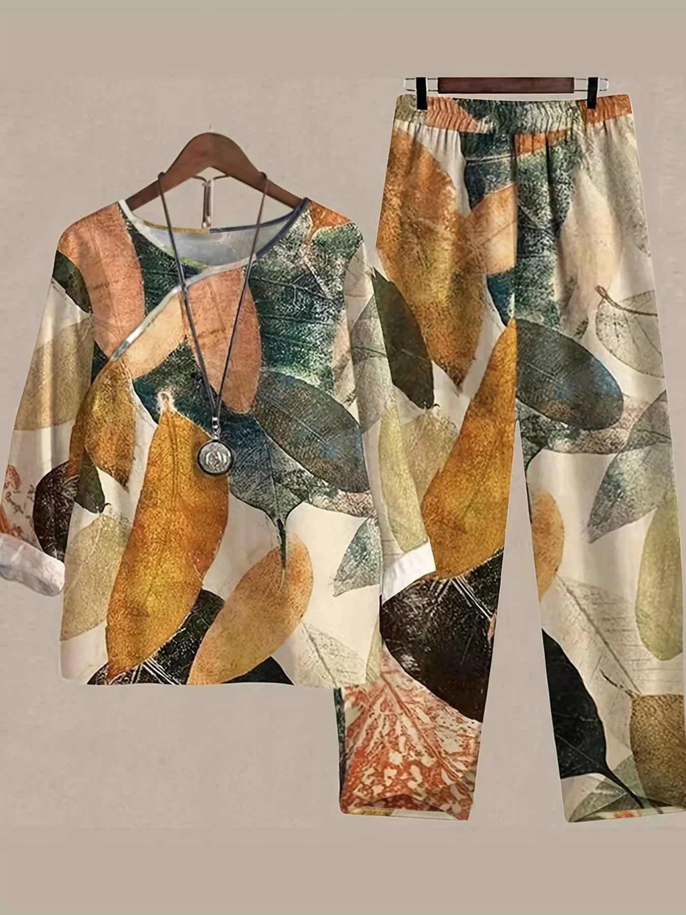 Printed Round Neck Long Sleeve Top and Pants Set Ochre fcdf120a-ca3c-4606-b043-87f5768cf542-Max-Origin