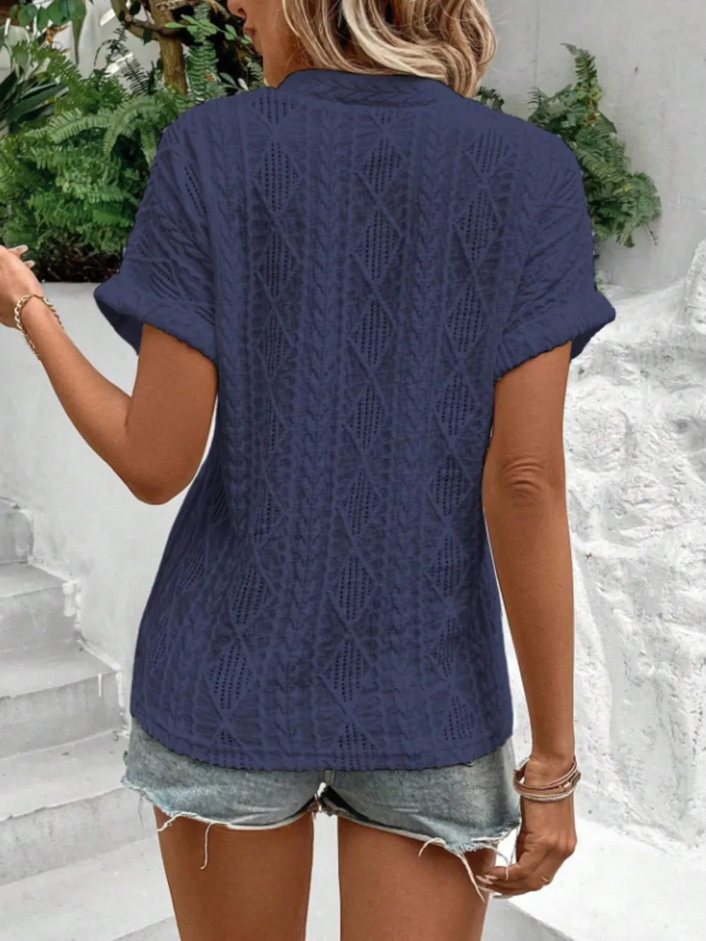 Openwork Notched Short Sleeve Blouse fd1fb73e-d742-491c-8461-f7bbcce0dc46-Max