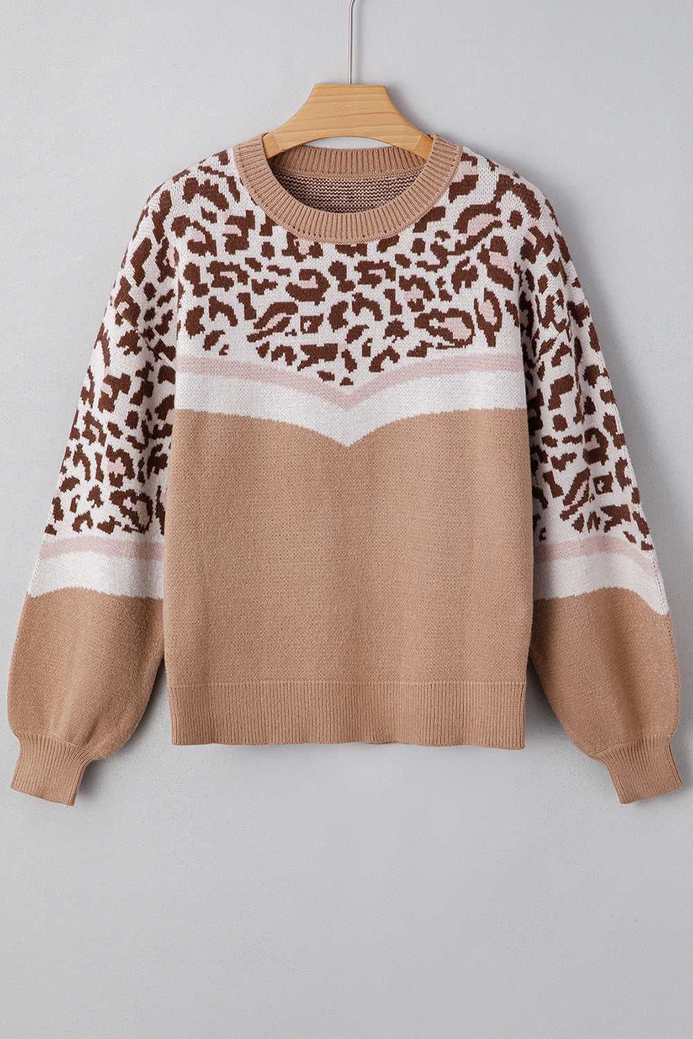 Straw Yellow Leopard Colorblock Patchwork Round Neck Sweater fd2612b8abf2a24c
