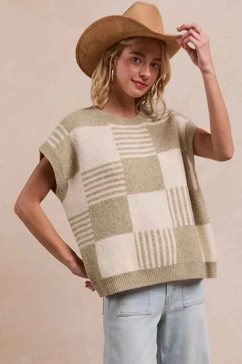 BiBi Checker With Stripes Pattern Sleeveless Sweater OLIVE IVORY fd4312af707844bc94ab3c3299aae5de-Max-Origin