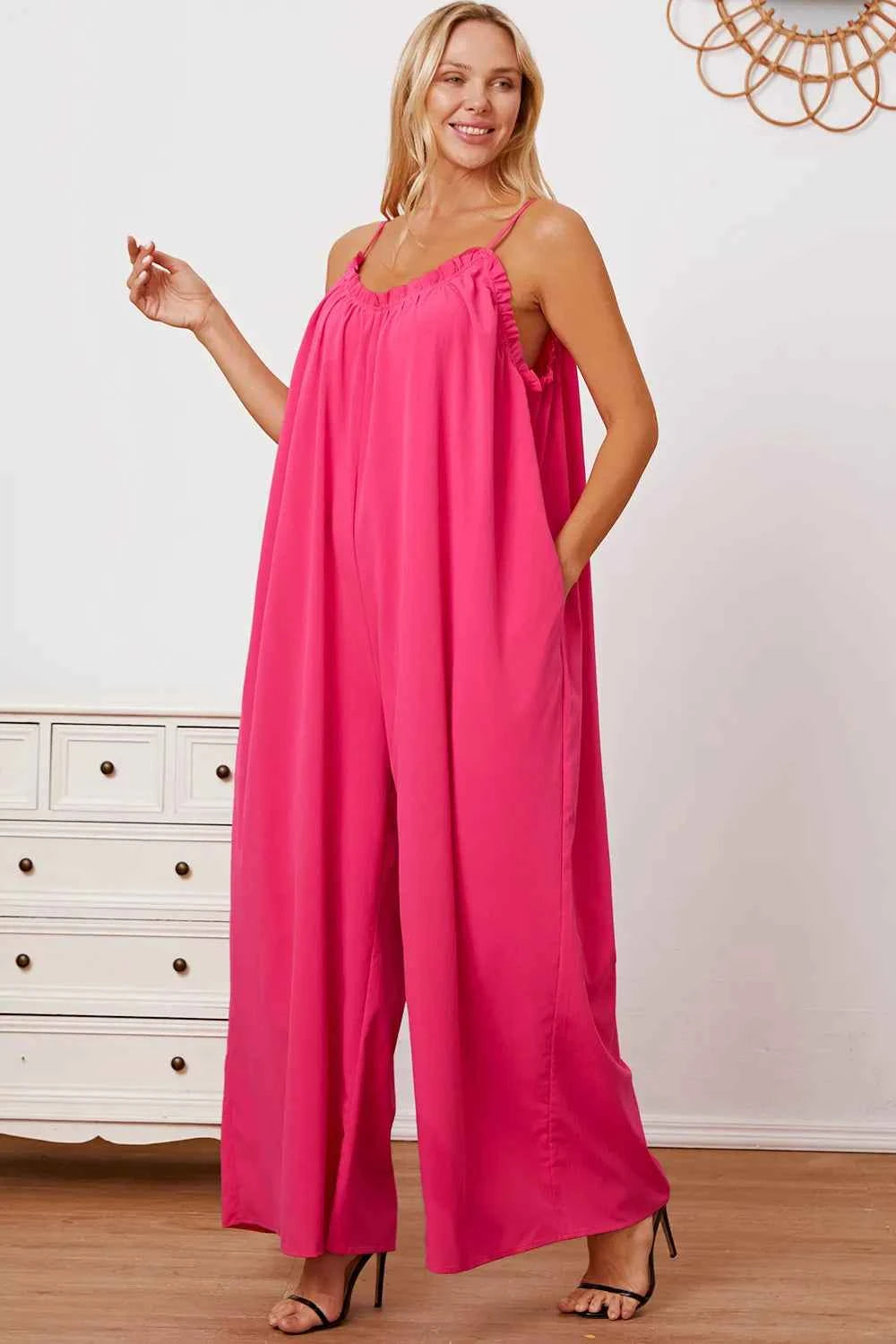 Double Take Full Size Ruffle Trim Tie Back Cami Jumpsuit with Pockets fd4f705d-b67f-4b85-a931-d8c2d604d45f-Max