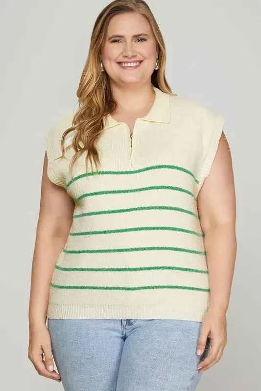 She + Sky Full Size Ribbed Hem Striped Half Zip Sweater Vest Plus Size fd56726d-97dc-4244-96d9-4b333757f007-Max