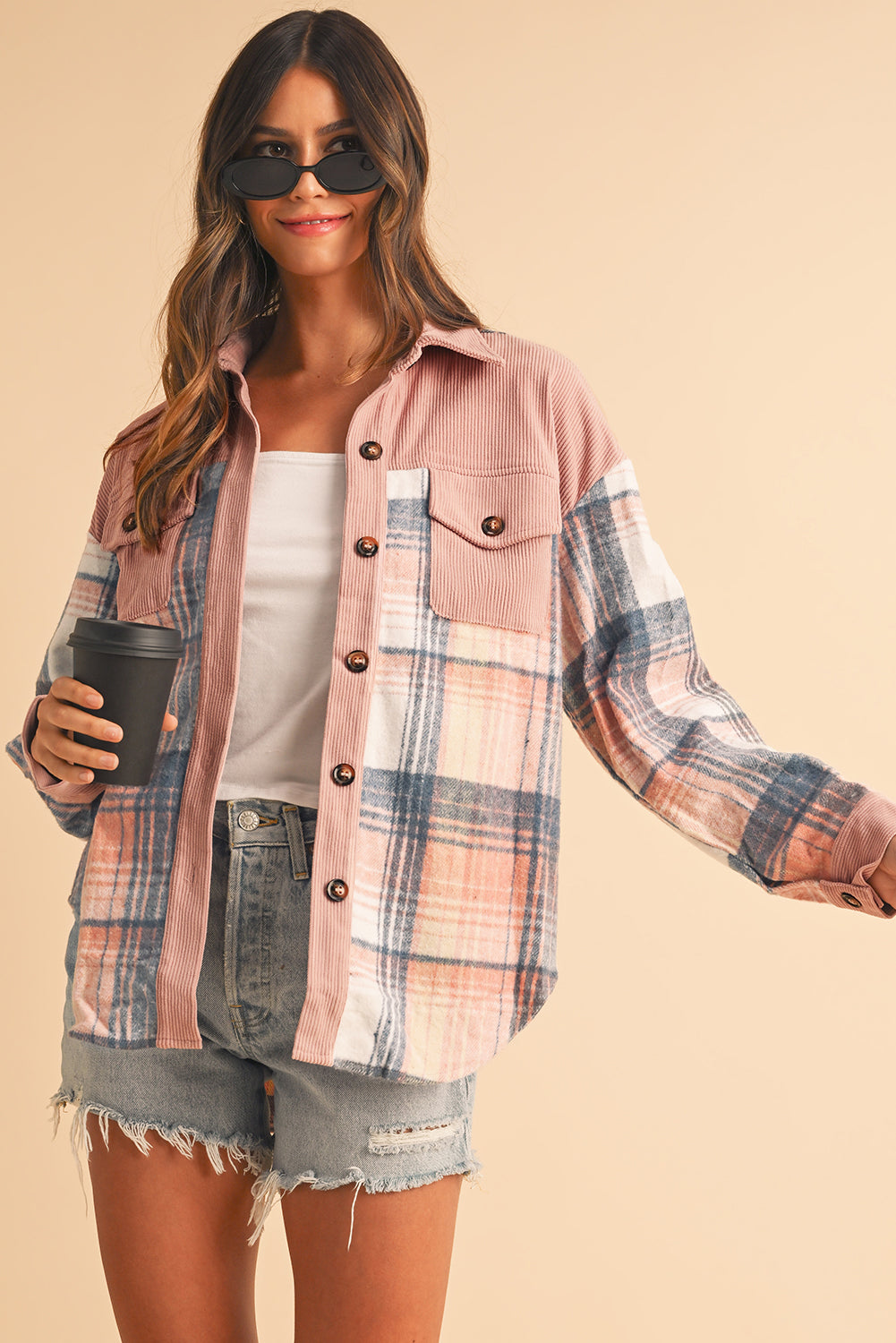 Cinnamon Plaid Corduroy Patchwork Pocket Loose Shacket fd657e4291029954