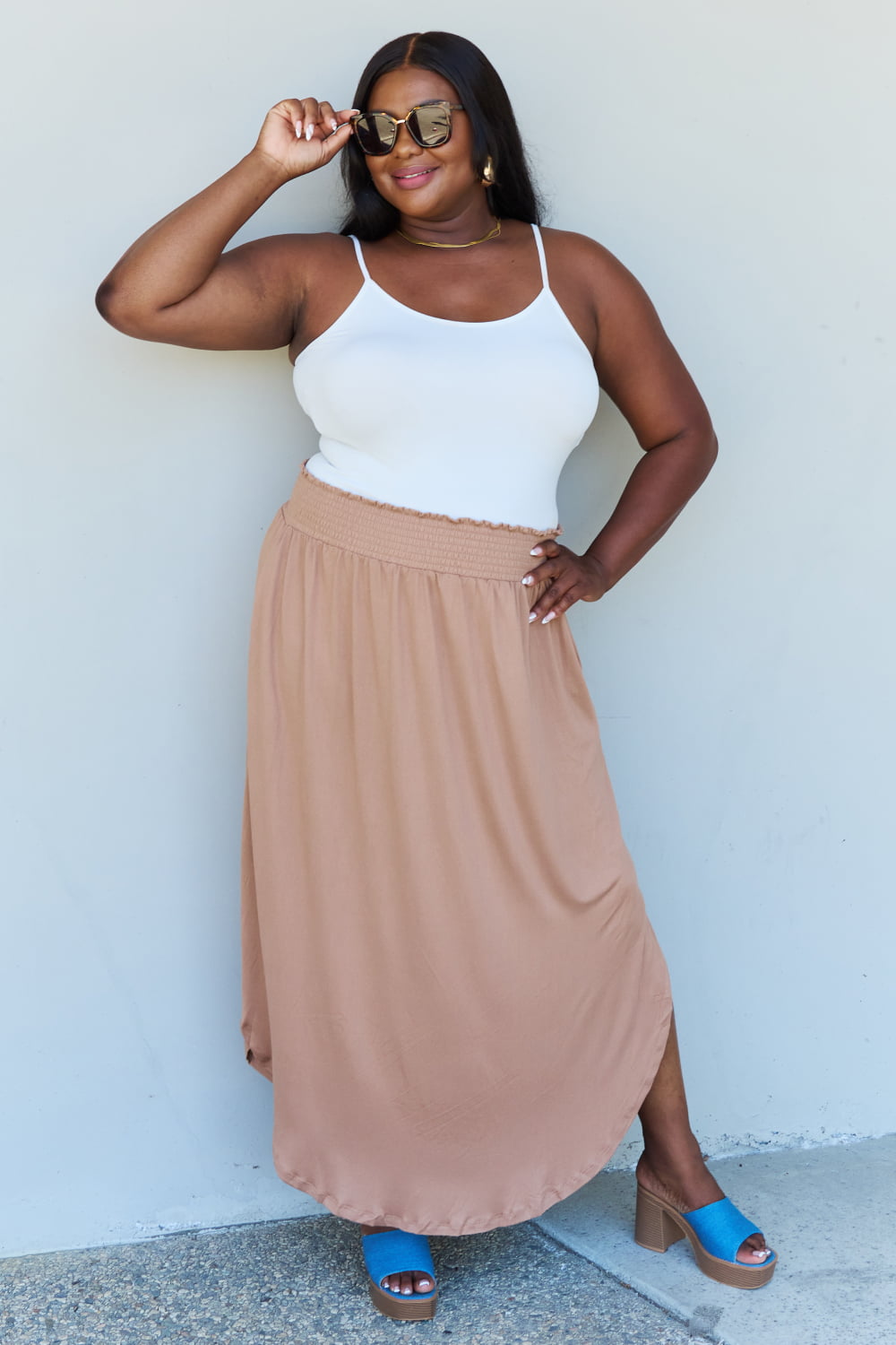 Doublju Comfort Princess Full Size High Waist Scoop Hem Maxi Skirt in Tan fd8131fa91344291a45aa5fbb0de52ec-Max