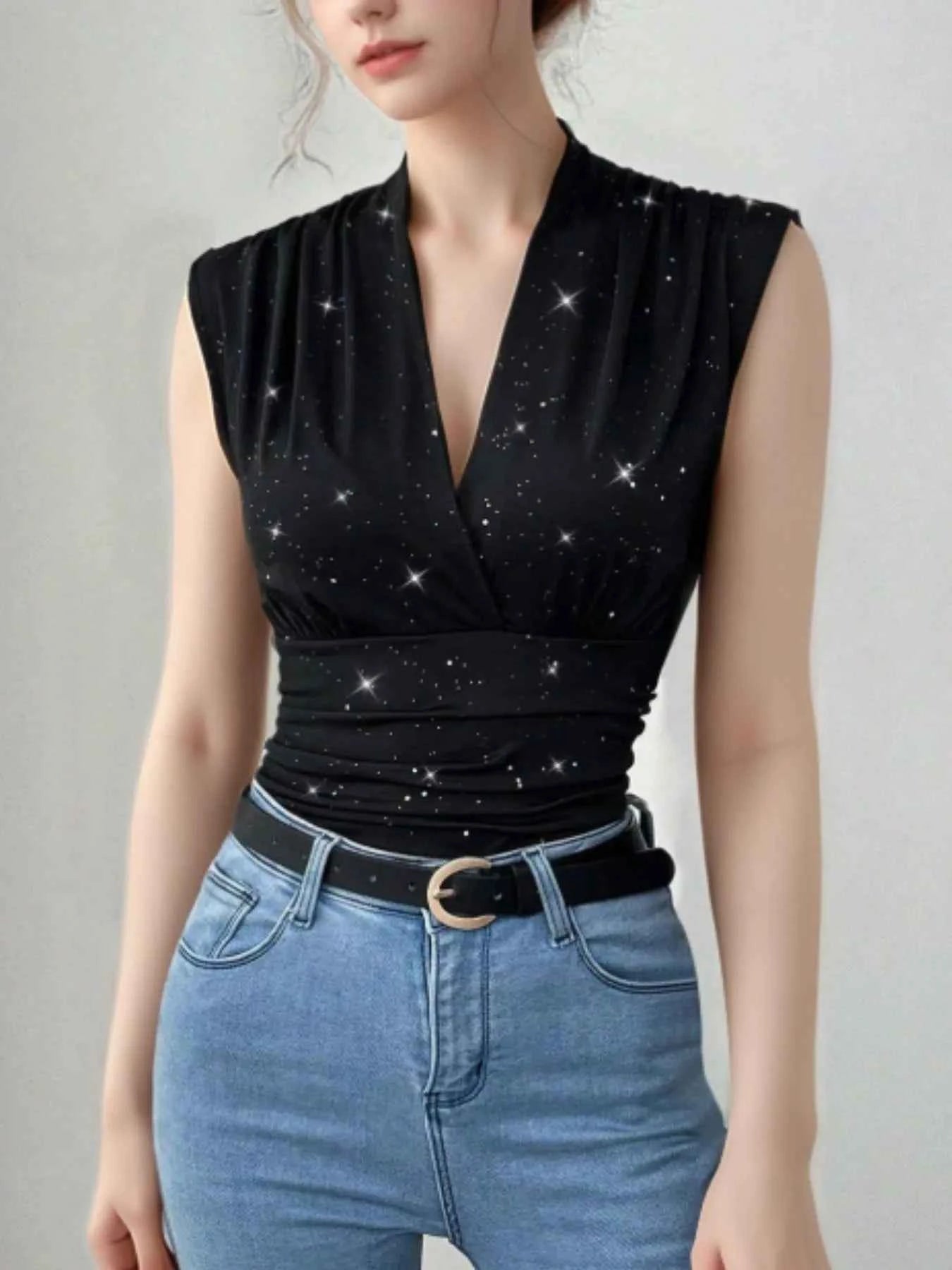 Surplice Sleeveless Slim Blouse Black fd8ab4b6-35db-41cf-ba50-dc41a6e9e222-Max-Origin