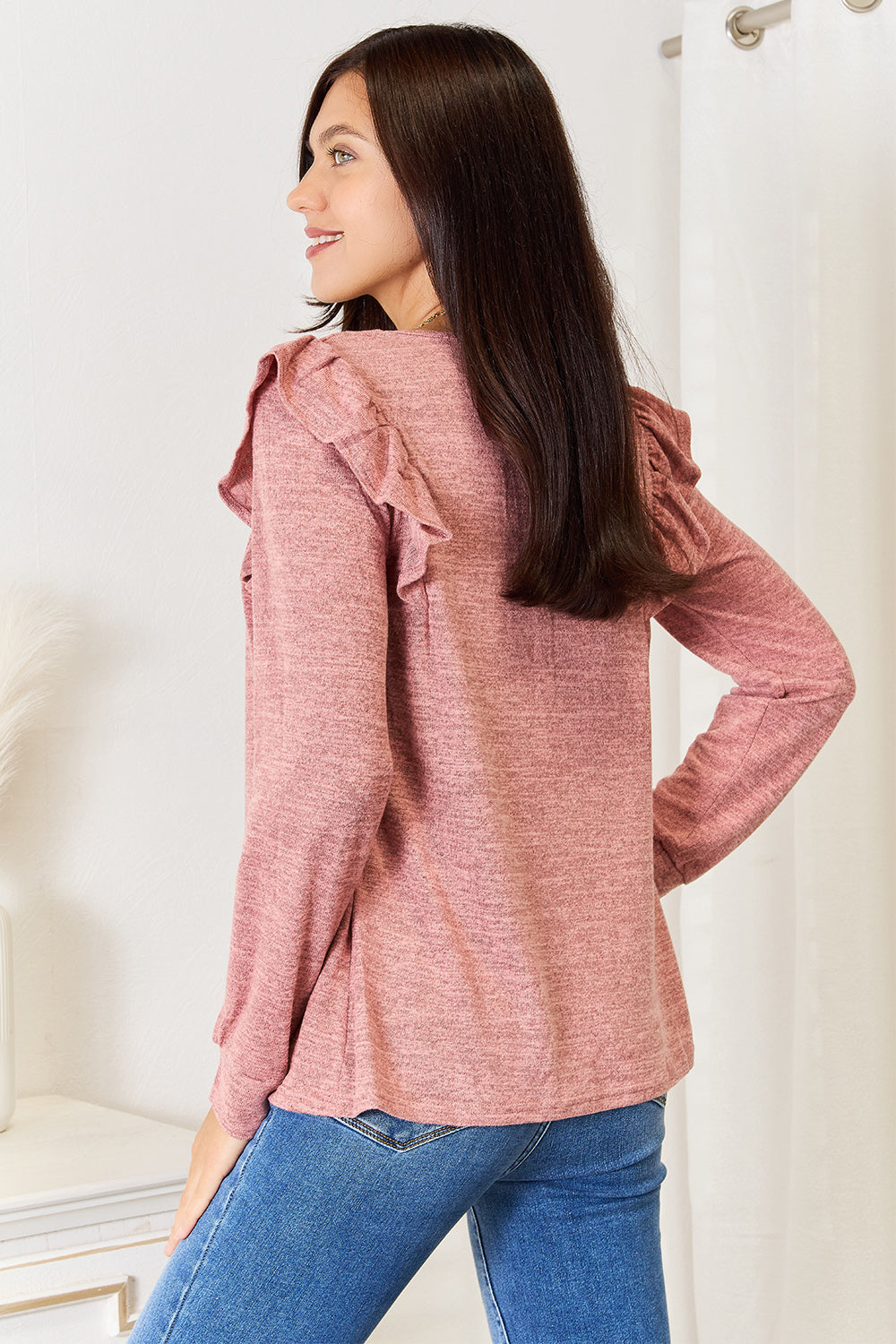 Double Take Square Neck Ruffle Shoulder Long Sleeve T-Shirt fd8e7001adf3403392f64808f5450ef5-Max