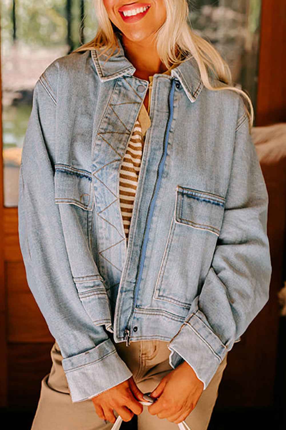 Beau Blue Street Style Zip Up Washed Denim Jacket Beau Blue 75%Cotton+25%Polyester fda03ba5f276bf72