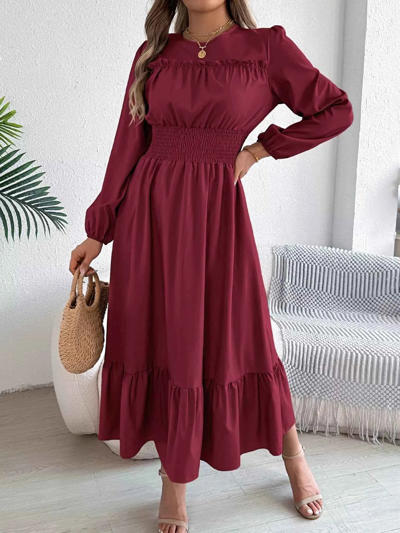 Round Neck Balloon Sleeve Tiered Dress Burgundy fdbac96211d24edea02a33a8a40eec41-Max-Origin