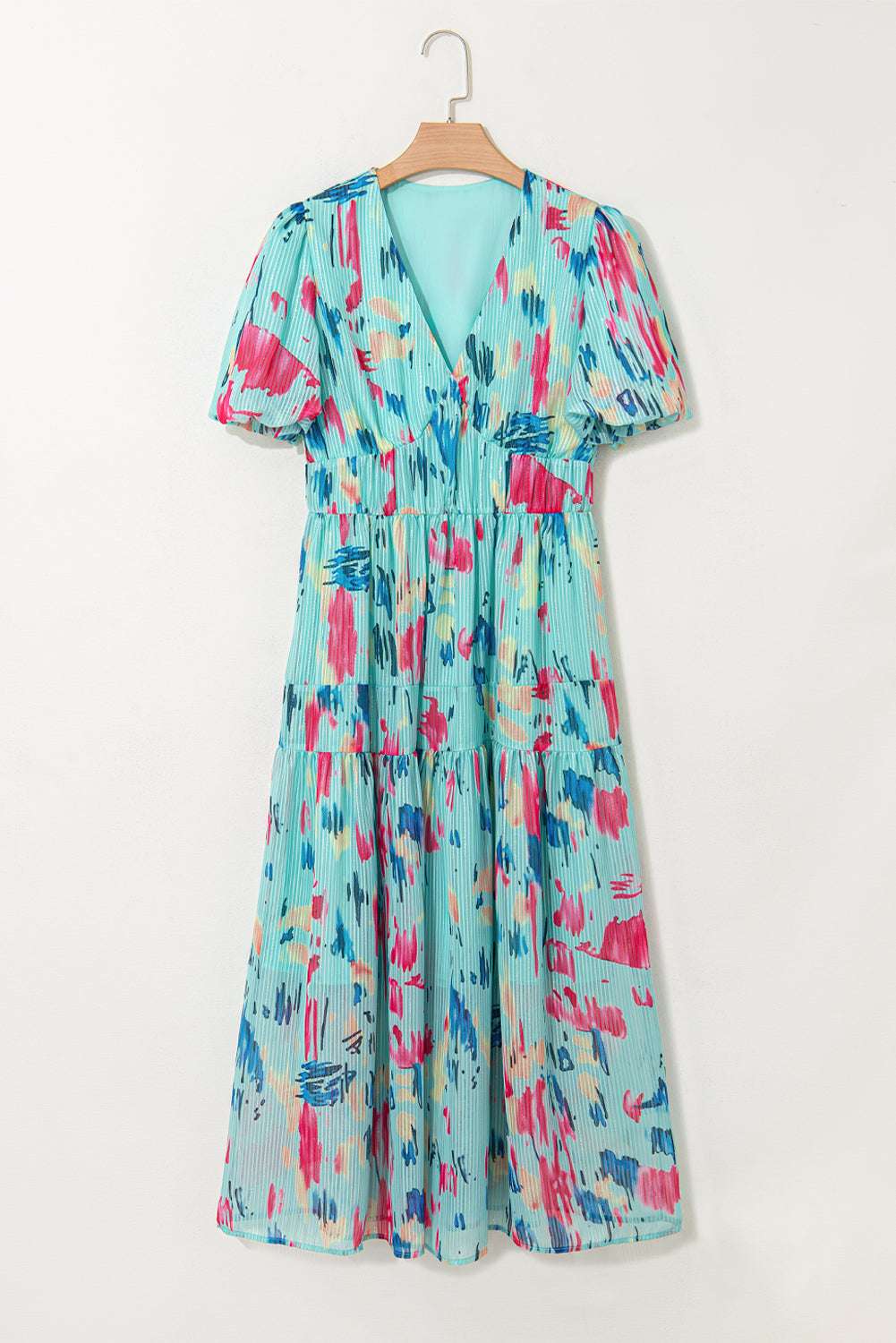 Sky Blue Abstract Print Short Puff Sleeve Tiered Maxi Dress fdd451345347d46f-_5