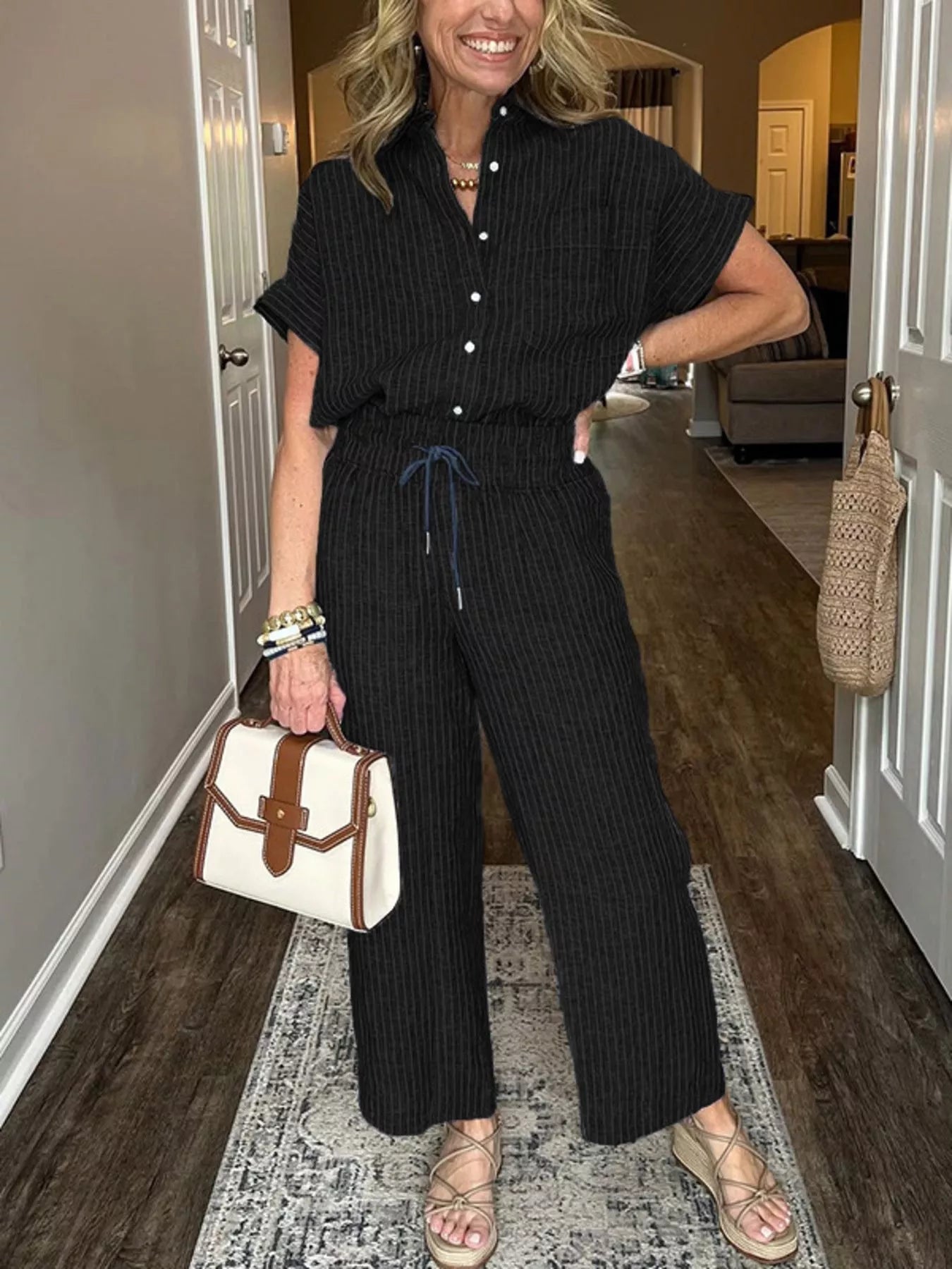 Full Size Striped Button-Up Shirt and Wide Leg Pants Casual Set Plus Size Black fdd8d6db-ff4a-4333-8b86-22a53ef8170f-Max-Origin