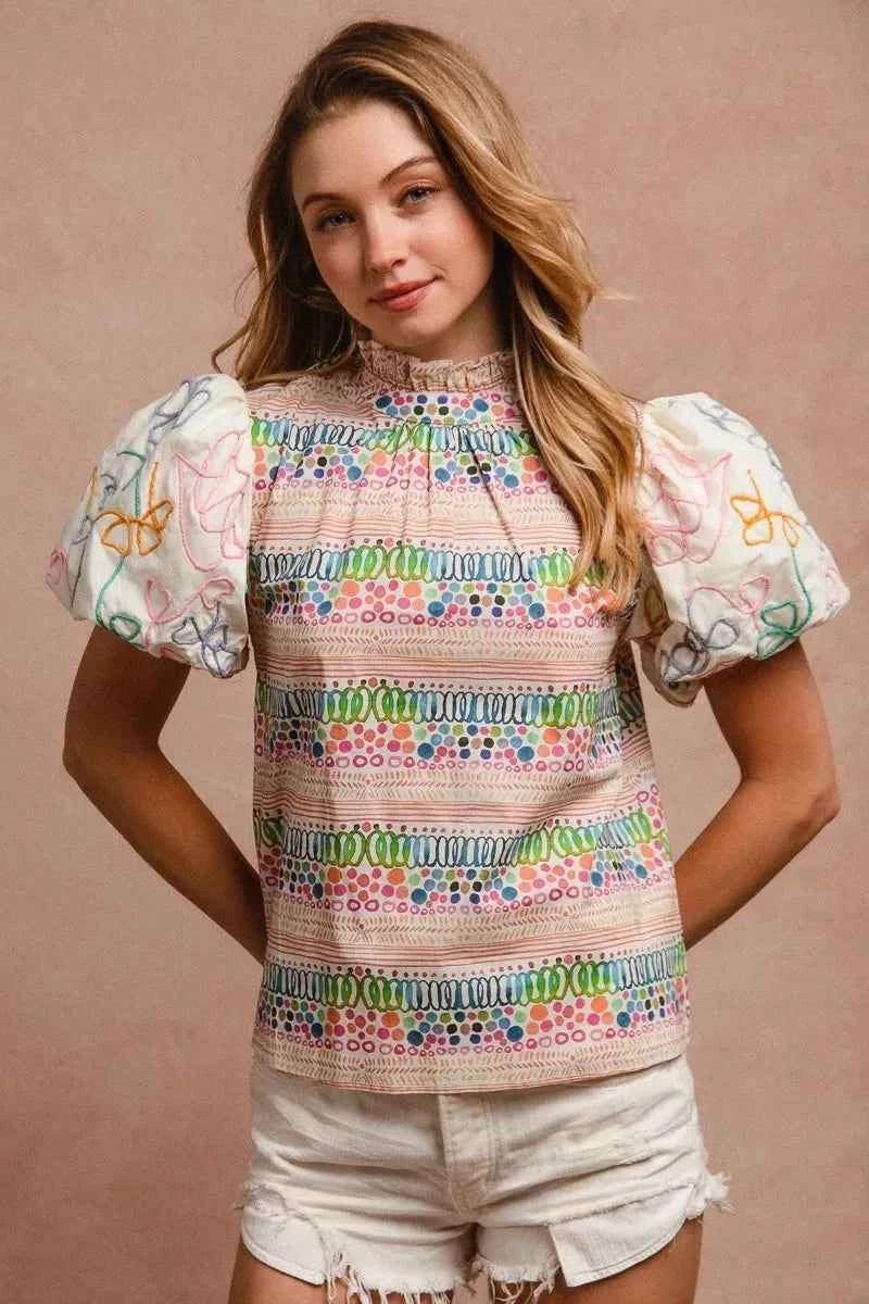 BiBi Ruffle Neckline Blouse With Embroidery Bubble Sleeve fddbec29fa0240c7b3867cf6a167b173-Max-Origin