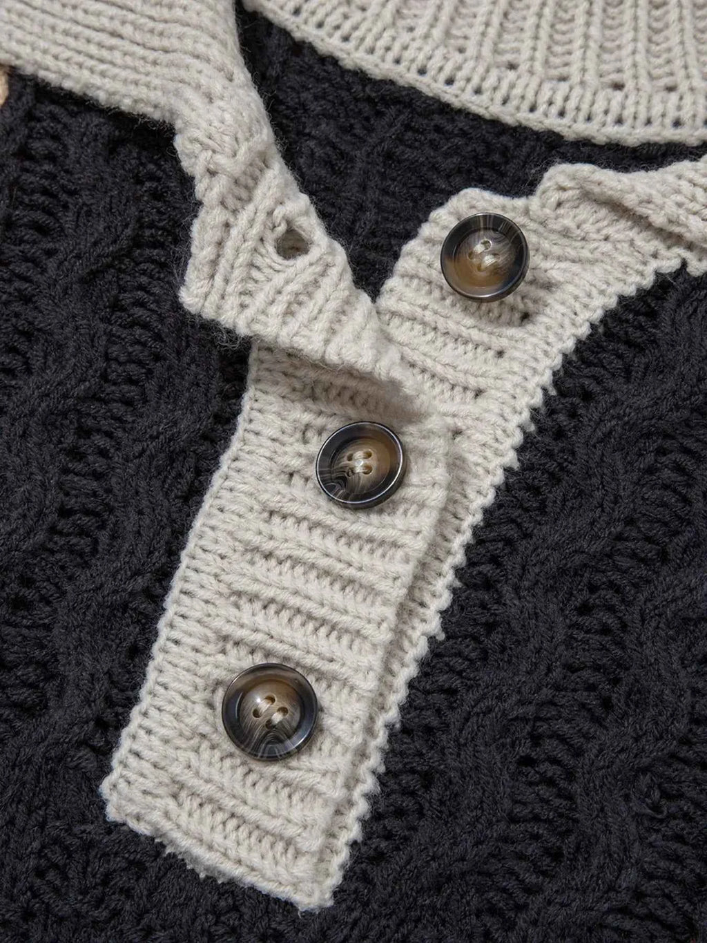 Multicolour Color Block Cable Knit Sleeve Buttons Collared Sweater fde3740de36344cabe447233a3f12e1f-Max-Origin