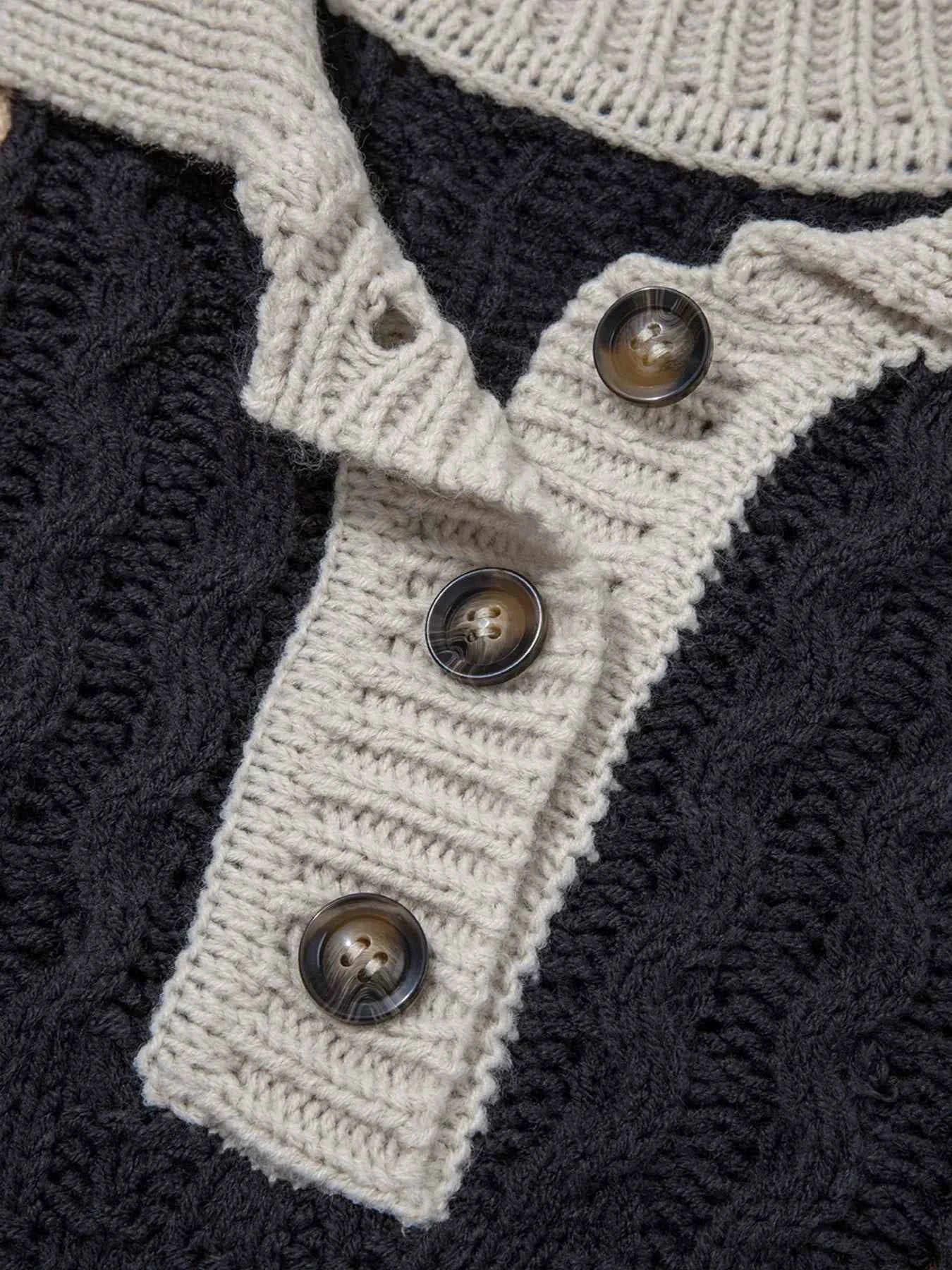 Multicolour Color Block Cable Knit Sleeve Buttons Collared Sweater fde3740de36344cabe447233a3f12e1f-Max-Origin