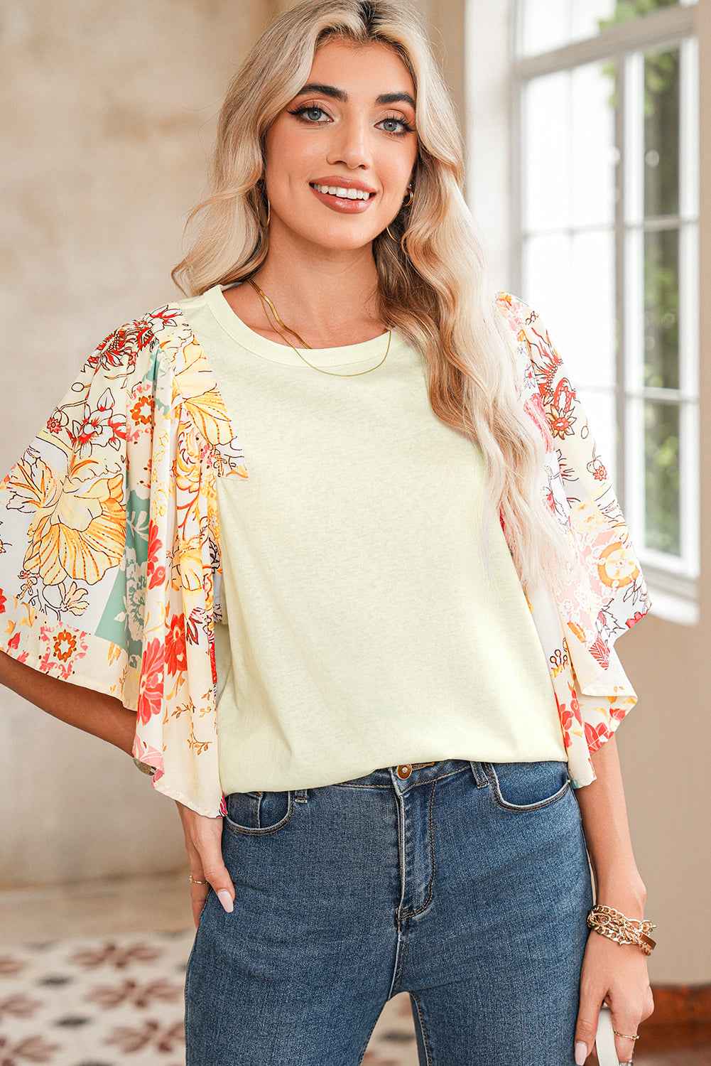 Beige Floral Patchwork Batwing Sleeve Blouse fdf78fc3804ee952