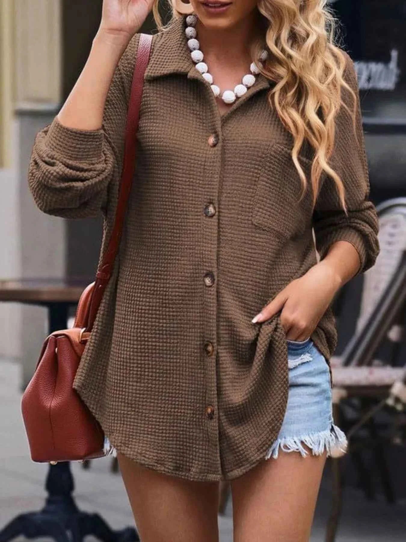 Waffle Knit Button-Down Shirt Brown fdf992394541455bb503d47edc2d6239-Max-Origin