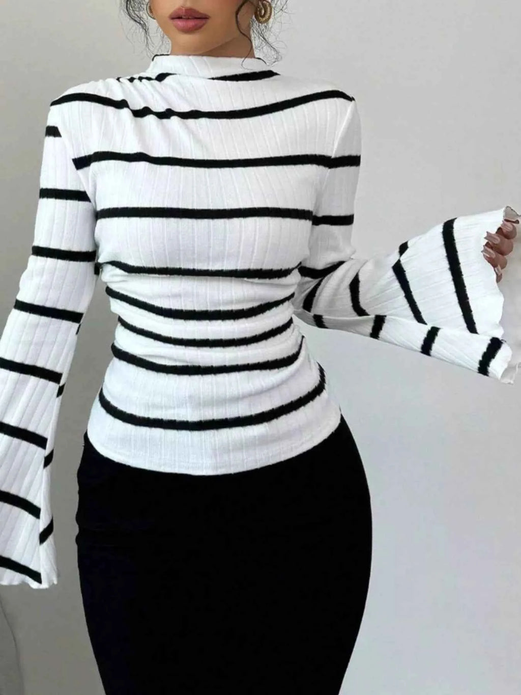 Striped Mock Neck Flare Sleeve Knit Top White fe00b49d-f7a2-4a96-ae4a-78a4b4ee8b21-Max-Origin
