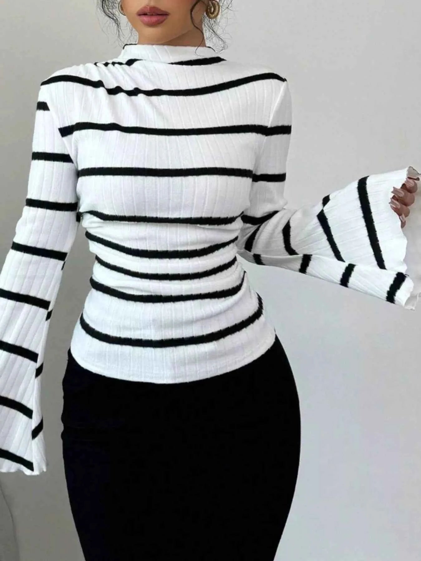 Striped Mock Neck Flare Sleeve Knit Top White fe00b49d-f7a2-4a96-ae4a-78a4b4ee8b21-Max-Origin