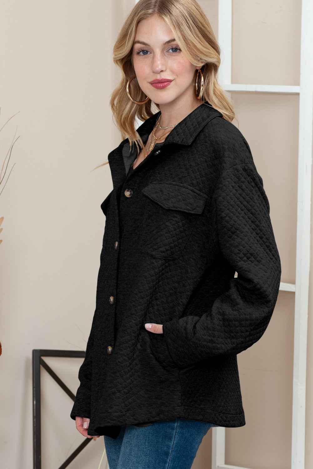 Black Lattice Texture Retro Flap Pocket Button Quilted Shacket fe085a63009675e9