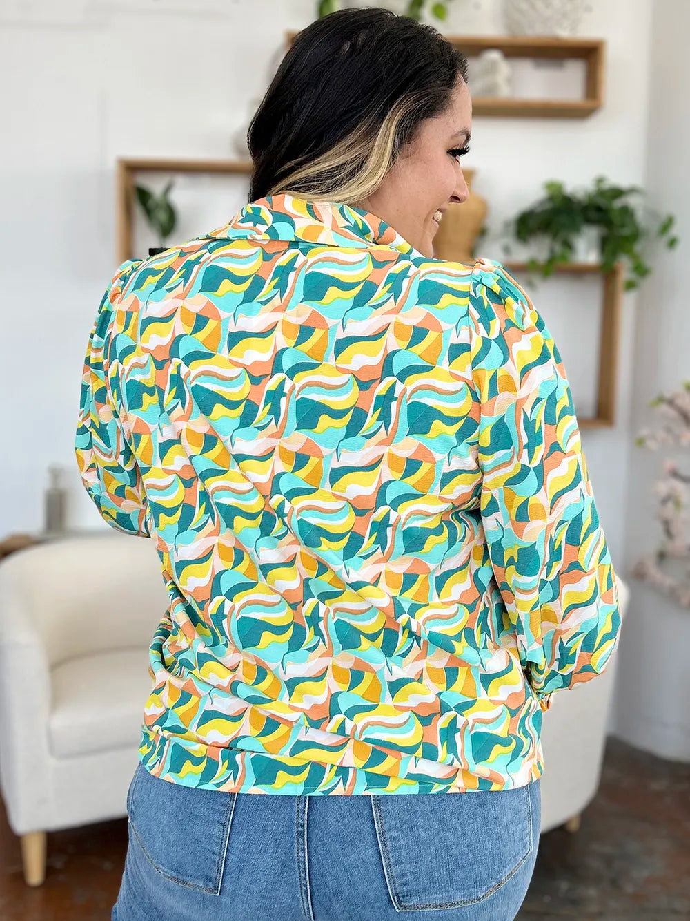 Double Take Full Size Printed Smocked Long Sleeve Blouse fe1bd0a6-0859-462e-a9d1-8f6f6c59b7ed-Max