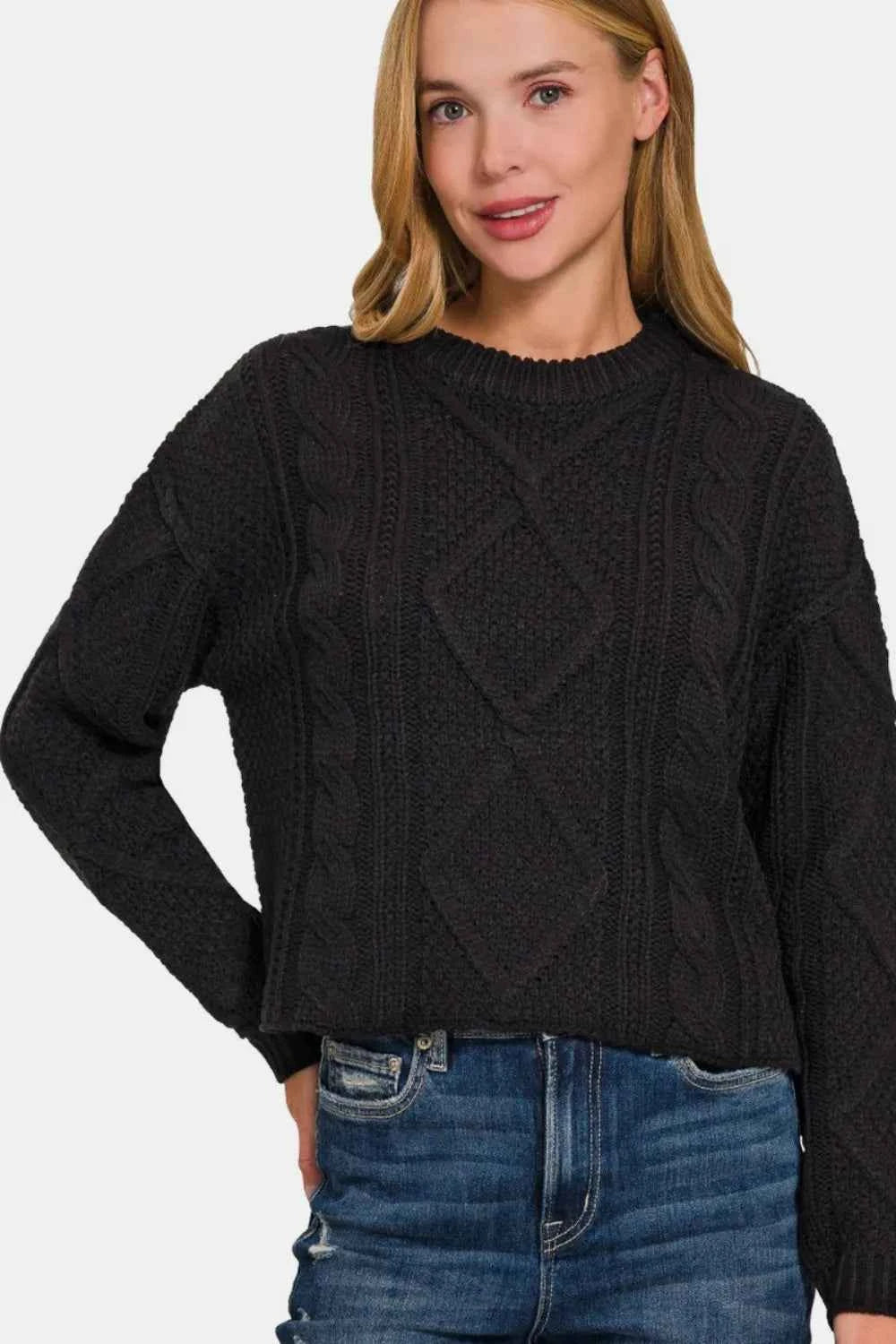 Zenana Cropped High Low Cable Sweater with Side Slits Black fe1dec7e-f9ff-4a7a-8a35-63527a5c4bbc-Max