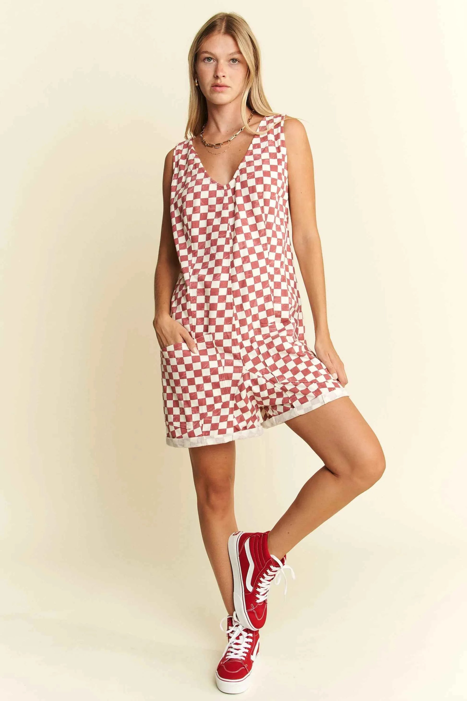 Jade By Jane Plus Size Back Tie Sleeveless Plaid Romper with Pockets