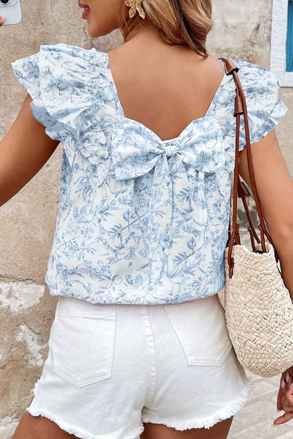 Sky Blue Floral Ruffle Short Sleeve Bow Back Blouse Sky Blue fe296570306128a8
