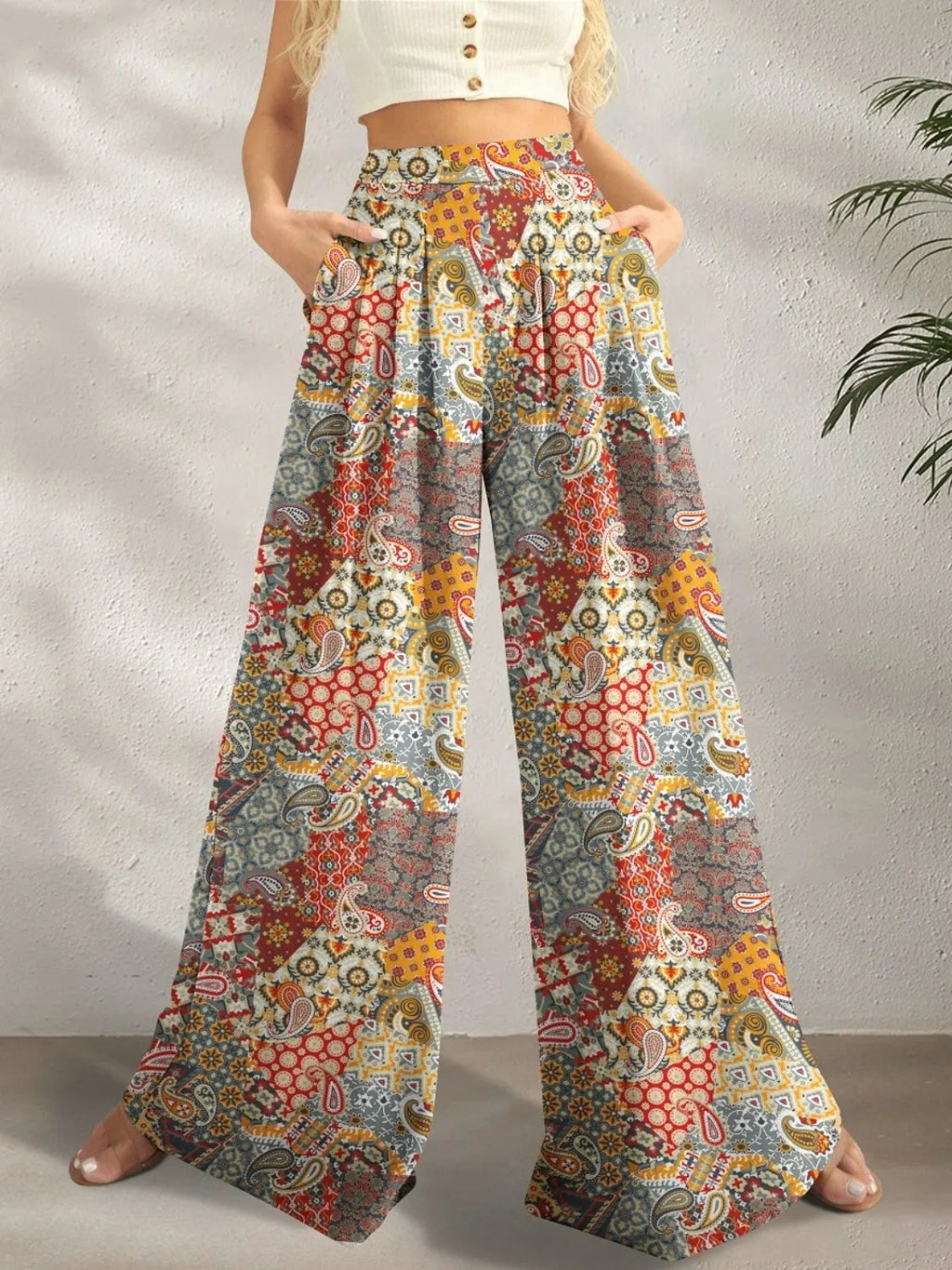 Printed Wide Leg Pants Ochre fe45b94a-3c77-40d8-aa54-dcb94232408f-Max-Origin