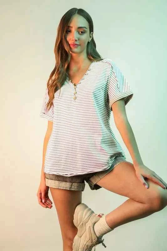 VERY J Striped V-Neck Short Sleeve T-Shirt fe4a3c4ecd02462b8f19bbdac6b85255-Max-Origin
