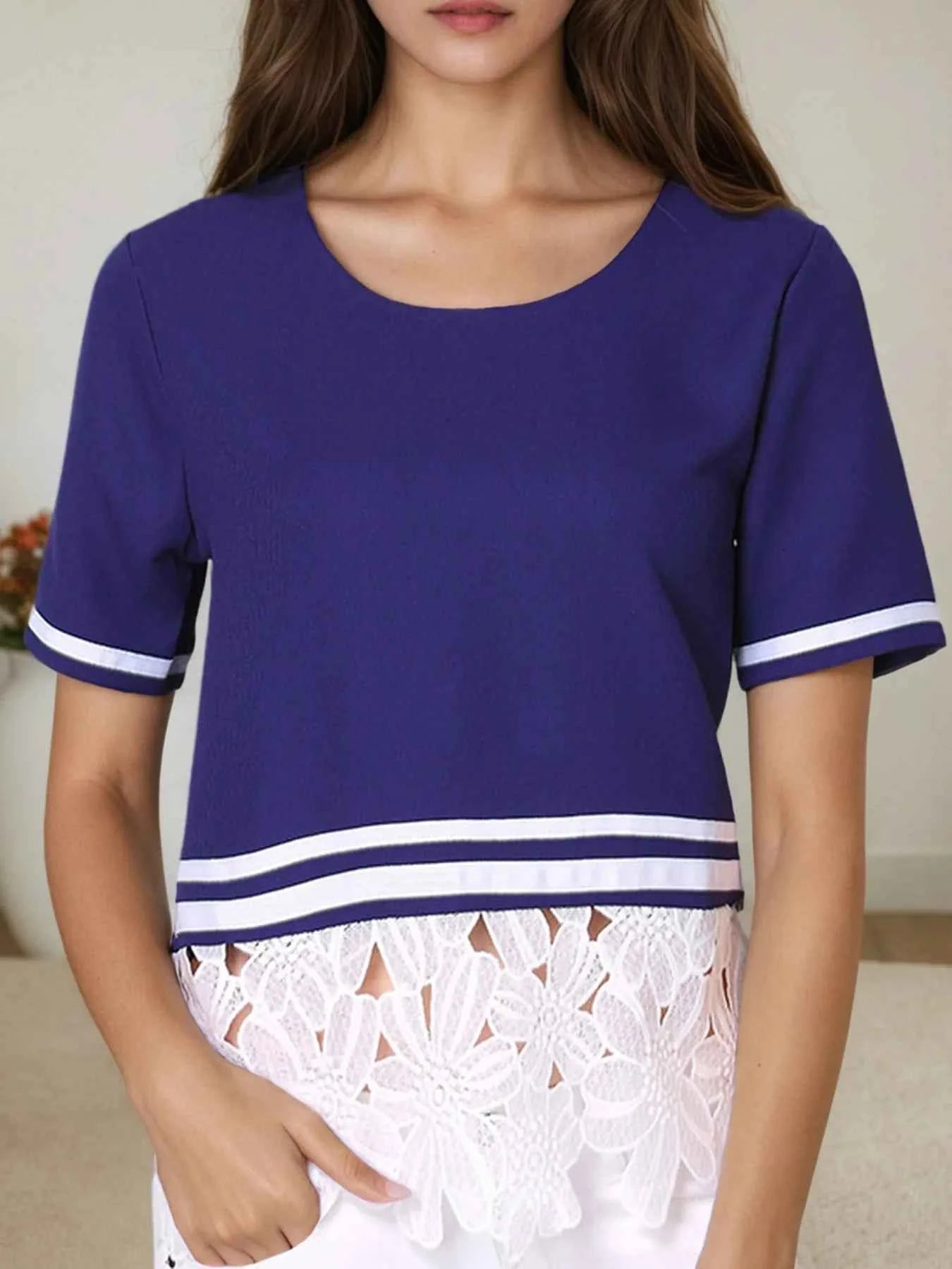 Striped Trim T-Shirt with Lace Hem Detail fe4dcb60-d1be-46ae-81b1-5b311bb70558-Max-Origin
