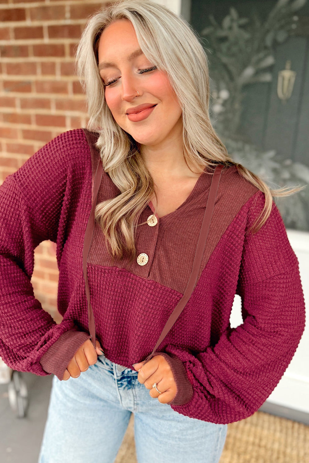 Racing Red Waffle Patchwork Drop Shoulder Hooded Long Sleeve Top fe4e102994763a7c