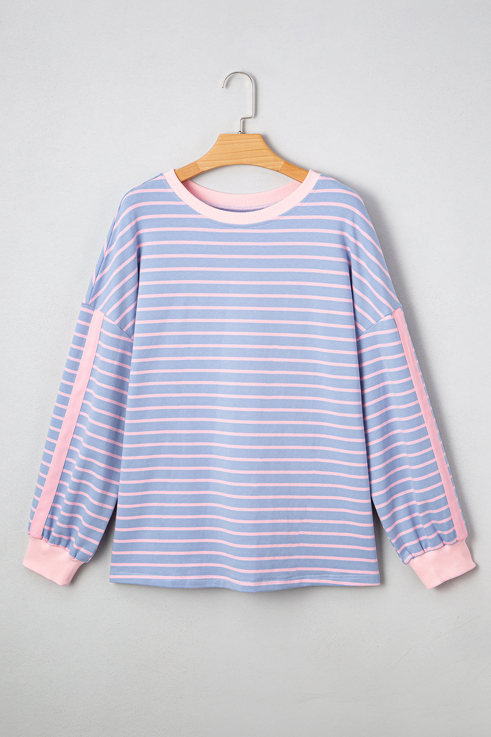 Sky Blue Stripe Oversized Contrast Trim Drop Shoulder Casual Top fe53c87c5f36855b