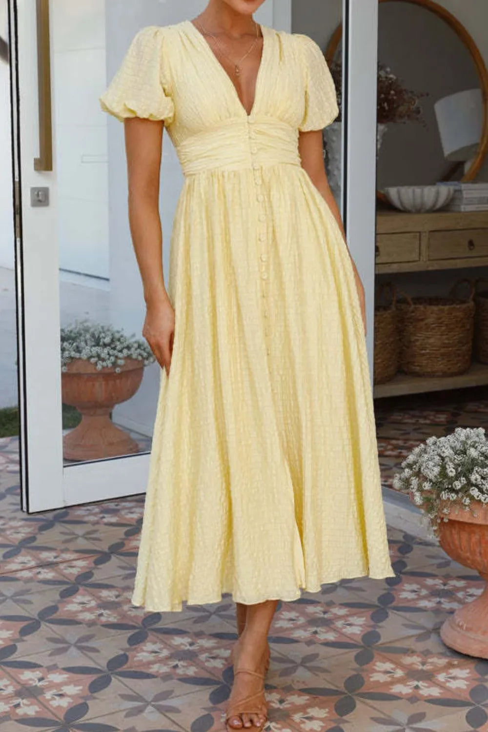 V-Neck Puff Short Sleeve Midi Dress Pastel Yellow fe560dc9-68b9-414a-baab-82a60c36a56d-Max-Origin