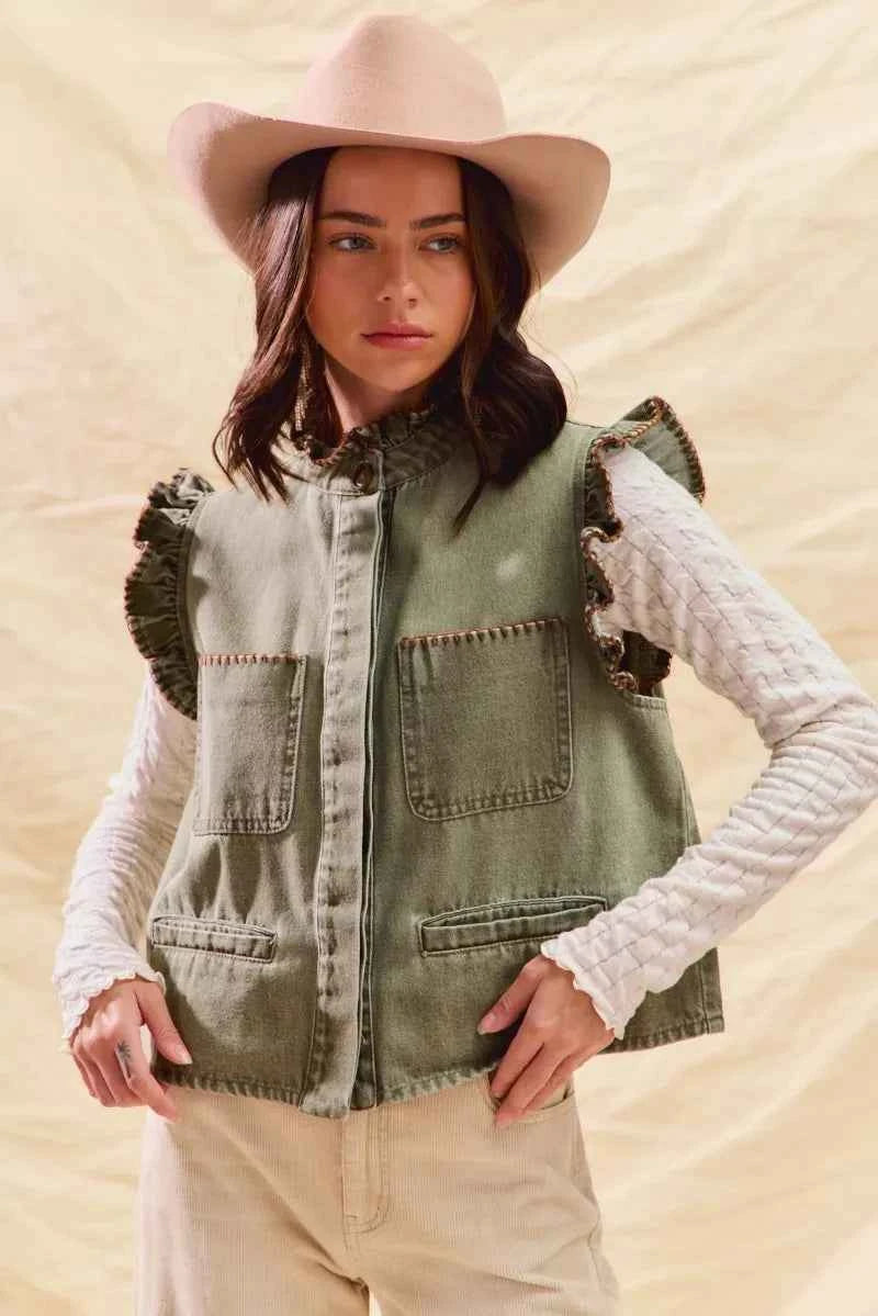 SO ME Washed Denim Stitch Ruffled Hidden Button Vest Top fe758a1a6584429f869500f7c6e5c378-Max-Origin