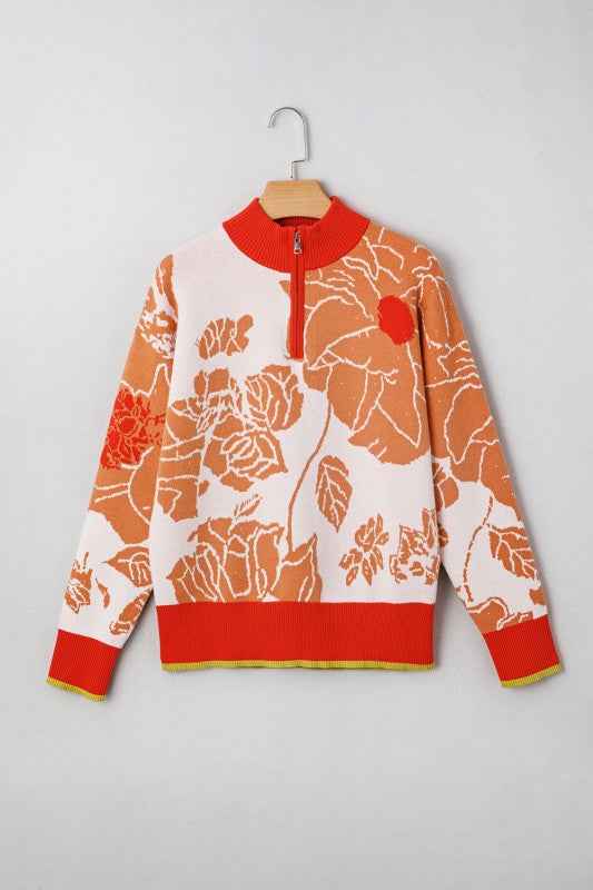 Floral Half Zip Collared Pullover Sweater fe7c4110-b2ee-4a98-bf10-a0ff87109d98