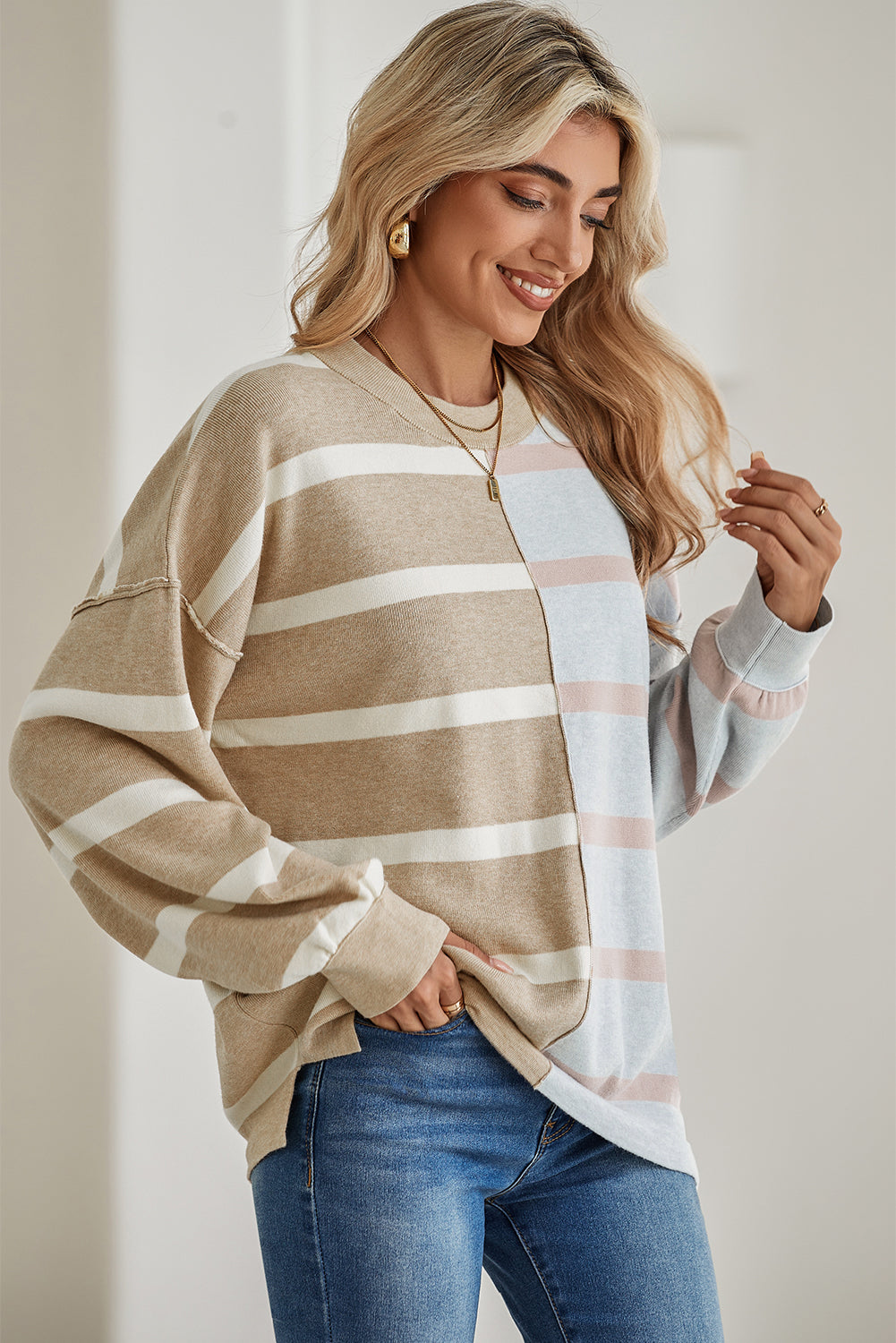 Blue Stripe Exposed Seam Patchwork Loose Sweatshirts fea4f2309632f297