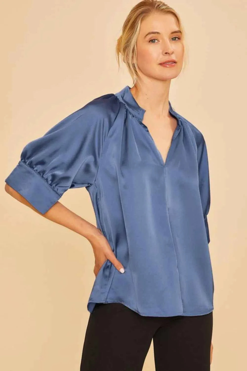 Annie Wear Satin V Neck Open Short Sleeve Woven Blouse Top DUSTY BLUE febf7341-e29b-4a93-a2de-6e2f38115b86-Max-Origin