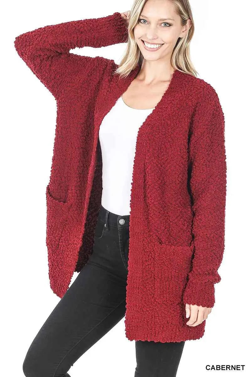 Zenana Long Sleeve Popcorn Sweater Cardigan with Pockets CABERNET fec95346faaa43f8a099dba8983312cf-Max-Origin