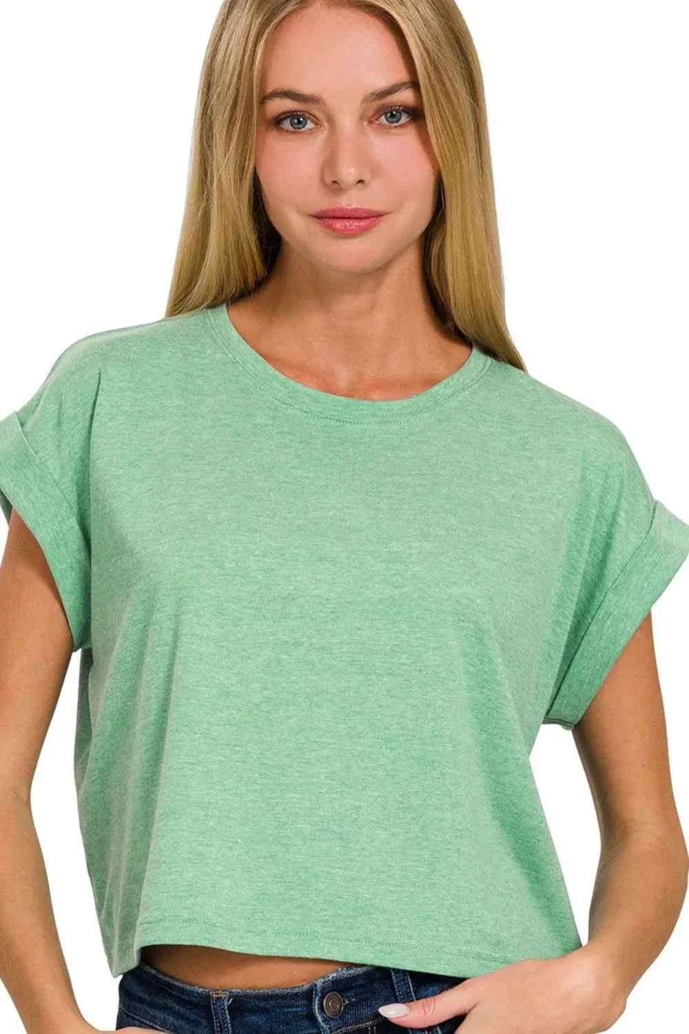 Zenana Rolled Sleeve Crop T-Shirt H K GREEN feda18e6-724d-4434-a976-408e74b2c57c-Max-Origin