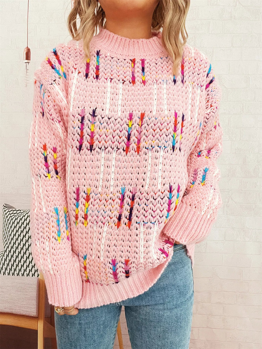 Colorful Round Neck Long Sleeve Sweater fef16796a6154039bc23a6e98d1e1a54-Max-Origin