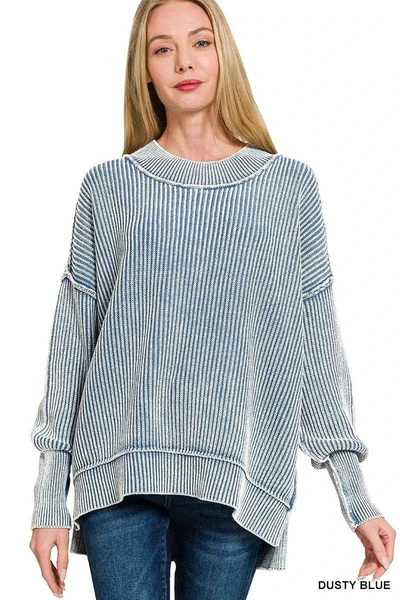 Zenana Washed Side Slit Oversized Sweater DUSTY BLUE fef89dccb89645368e74ad3fcaff61a7-Max-Origin