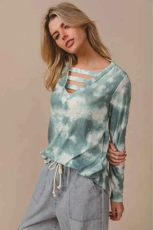 BiBi Variegated Tie Dye Rib V-Neck Top with Strapped ff0513fa3f6c49bab8e5adbb8d64bf2b-Max-Origin